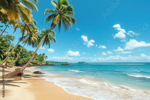 Wallpaper Mural Palm trees sway on a golden beach, meeting the azure ocean under a clear blue sky. Torontodigital.ca