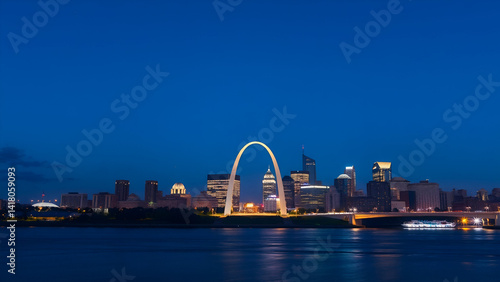 Cinematic Aerial View of St. Louis Skyline at Blue Hour with Gateway Arch and City Lights in 8K
