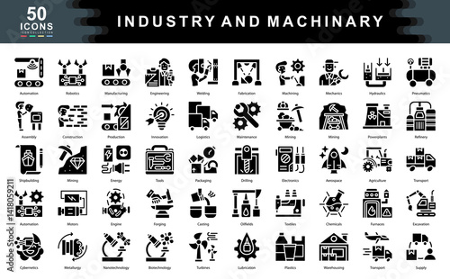 The Industry and Machinery black icon set illustrates key elements of industrial operations, manufacturing, and innovation. Perfect for logistics, engineering, automation,  mechanical system visuals.