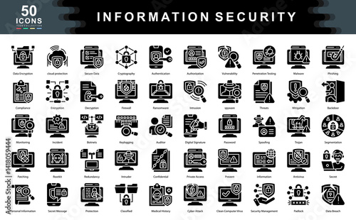 The Information Security black icon set highlights core cybersecurity measures including encryption, firewalls, and threat detection ideal for digital safety, data protection, and IT risk management.