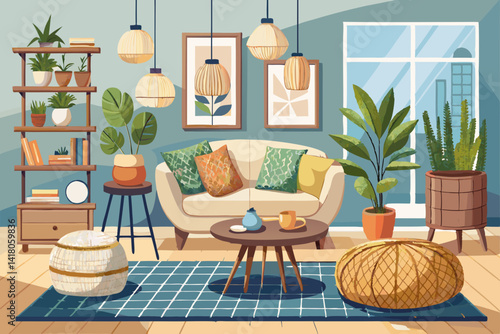 vector of Cozy scandinavian living room with wicker pouf and white sofa lounge chair