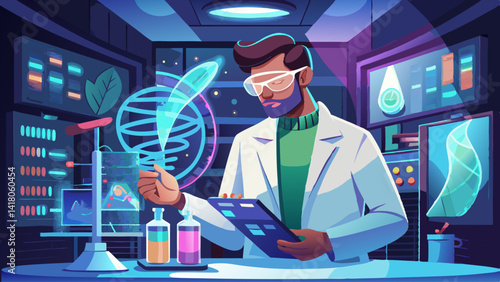 A man in a lab coat is working on a computer. He is wearing a pair of glasses and is holding a tablet. The image is of a futuristic lab with a lot of technology