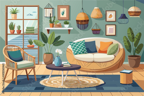 vector of Cozy scandinavian living room with wicker pouf and white sofa lounge chair