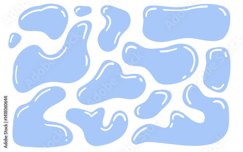 Set of liquid organic shapes, irregular forms, and abstract amoeba-like blobs. Blue psychedelic curvy and wavy figures. Vector illustration of uneven round blot elements.