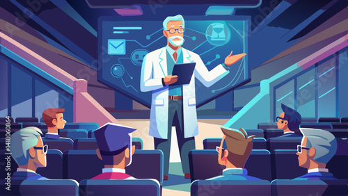 A man is giving a presentation to a group of people in a room. The man is wearing a white lab coat and glasses. The audience is attentive and engaged