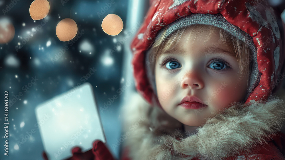 Winter Wonder: Child in Snow with white blank, Curious Gaze for Holiday Magic and Seasonal Design Winter Wonder: Child in Snow with white blank, Curious Gaze for Holiday Magic and Seasonal Design