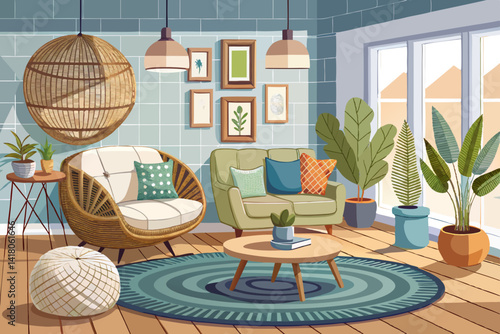 vector of Cozy scandinavian living room with wicker pouf and white sofa lounge chair