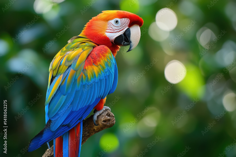 Obraz premium Colorful parrot perched on a branch, surrounded by lush green foliage in a tropical setting.