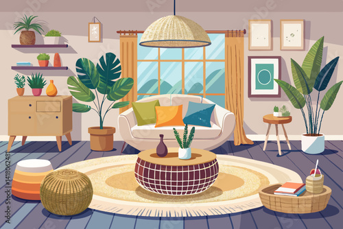 vector of Cozy scandinavian living room with wicker pouf and white sofa lounge chair