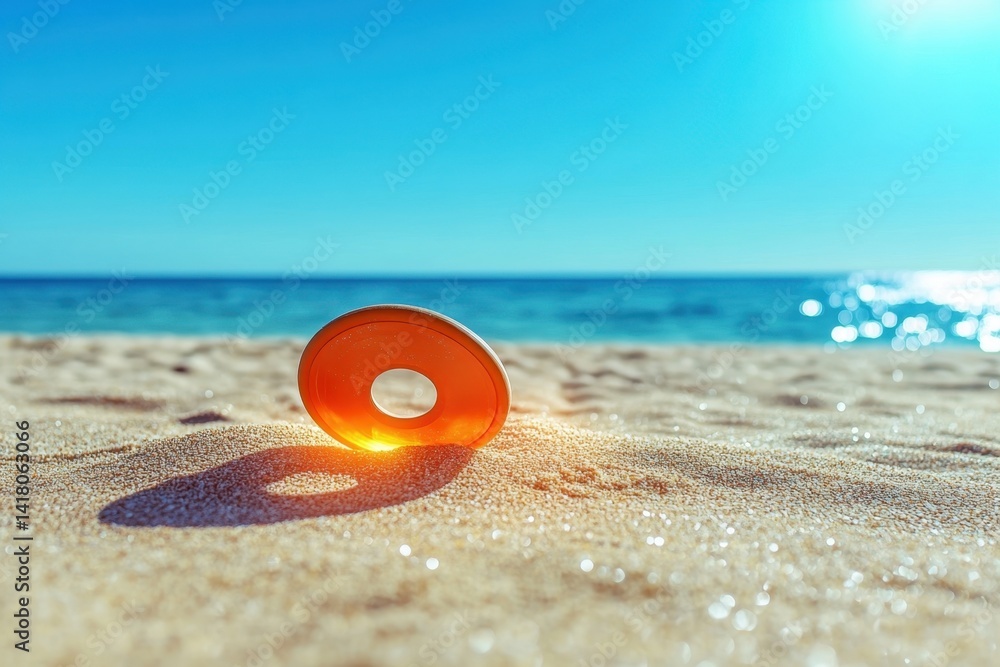 Naklejka premium Bright orange float resting on soft sand by the serene ocean under a clear sky