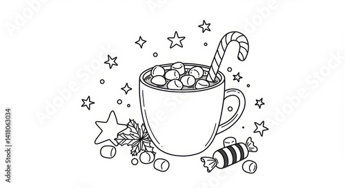 Festive holiday season illustration featuring a cup of hot chocolate with marshmallows and candy cane