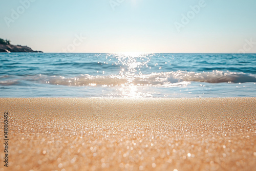Sun shining over beach, sparkling on water, creating a serene and peaceful scene with palm trees swaying gently.
