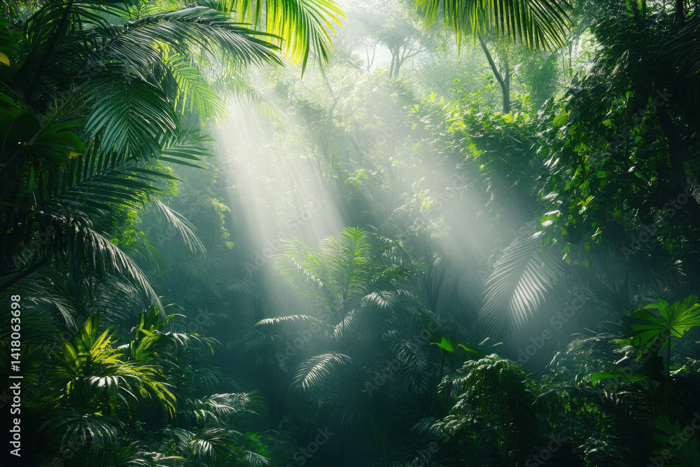 Naklejka premium Sunlight filters through dense jungle canopy, casting dappled shadows on the lush greenery below.