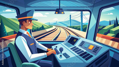 A man in a train conductor's uniform is sitting in the driver's seat of a train. The train is on a track and there are mountains in the background. The man is smiling and he is enjoying his job