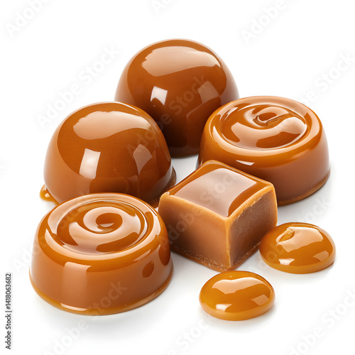 Assorted Caramel Candies with Glossy Texture Isolated on White Background – Sweet Dessert Treat Collection