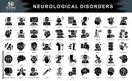 Neurological Disorders black icon collection set. Containing Sleepy,Stroke,Parkinson,Insomnia, Alzheimer, Nervous, stress,Fatigue,Brain,Medicine,Hallucination icon.Simple line vector