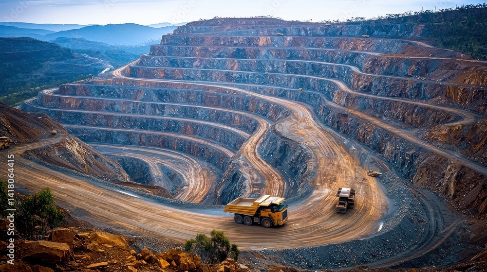 Naklejka premium Open-pit mine, trucks, mountain landscape, mining operation