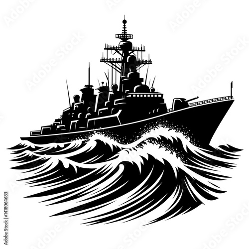 Black silhouette of a battleship sailing through turbulent waves  