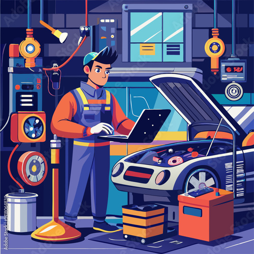A man is working on a car in a garage. He is using a laptop to diagnose the problem. The scene is set in a workshop with various tools and equipment, including a box of donuts