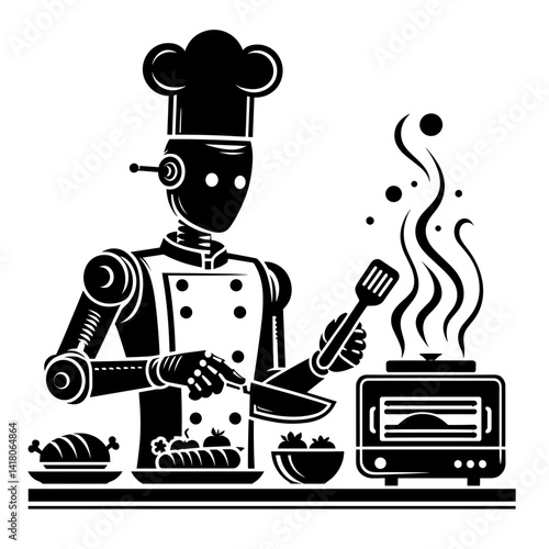 Robot chef preparing food in a kitchen setting  