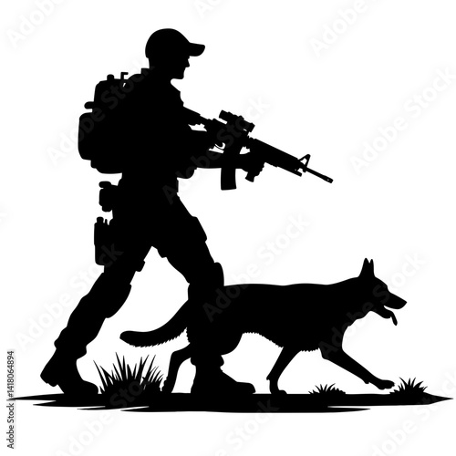 Soldier Walking with Dog Silhouette in Outdoor Setting  