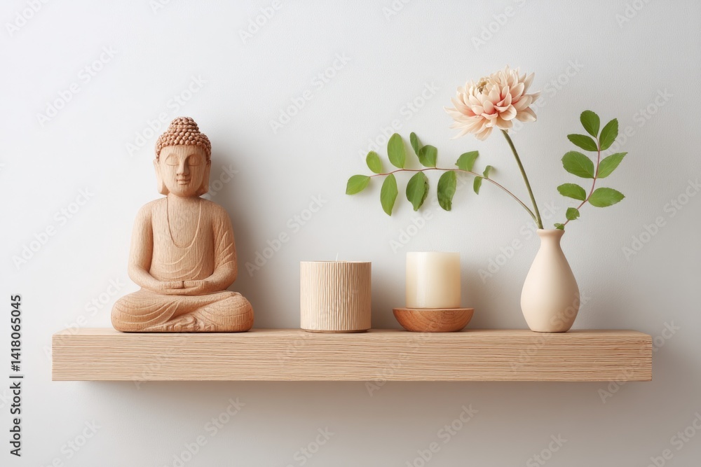 Minimalist Vesak Altar at Home With Wooden Buddha, Candles, and Floral Arrangement on a Simple Shelf
