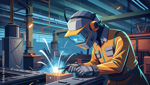 A man in a protective suit is working on a piece of machinery. Concept of danger and caution, as the man is wearing a hard hat and safety goggles