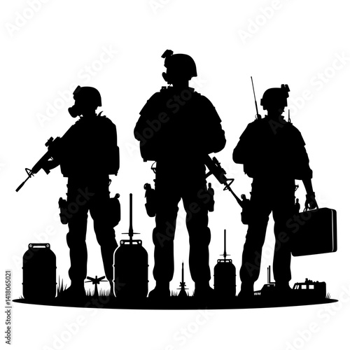 Soldiers in silhouette standing with equipment against a backdrop  