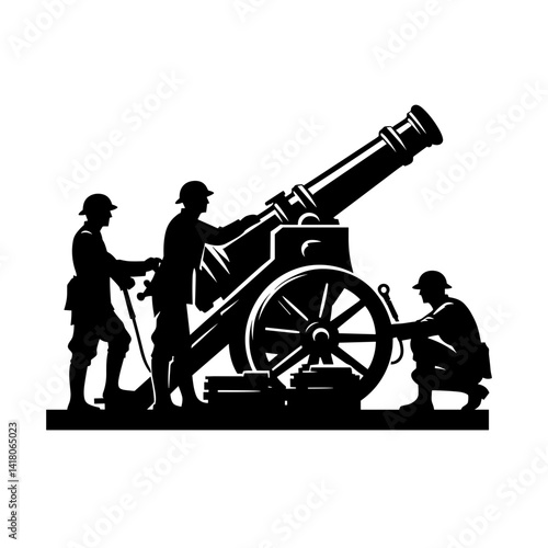 Soldiers operating artillery cannon in a historical scene  