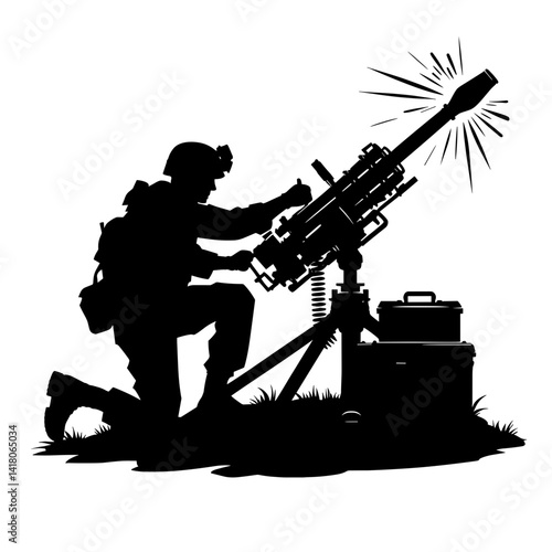Soldier operating artillery against a plain background  