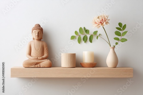 Obraz na płótnie Minimalist Vesak Altar at Home With Wooden Buddha, Candles, and Floral Arrangement on a Simple Shelf w salonie