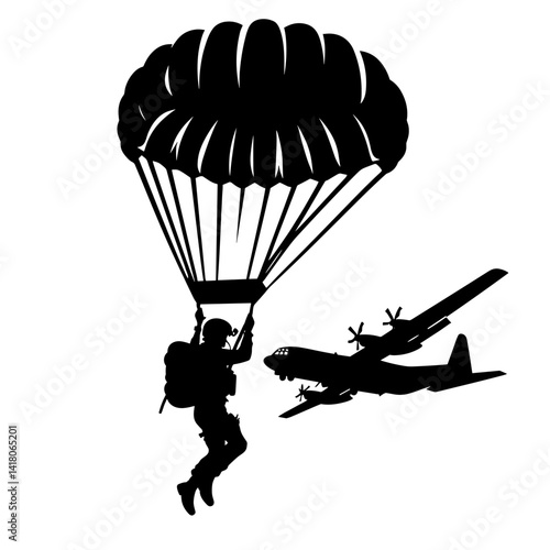 Paratrooper descending with parachute against airplane backdrop  
