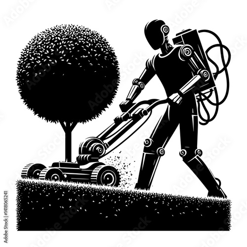 Robotic gardener trimming grass near a tree in a stylized illustration  