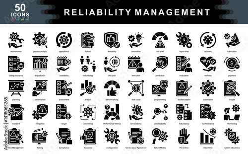 The Reliability Management black icon set highlights key aspects of operational integrity, system performance, and risk mitigation ideal for industrial, tech, and engineering applications.