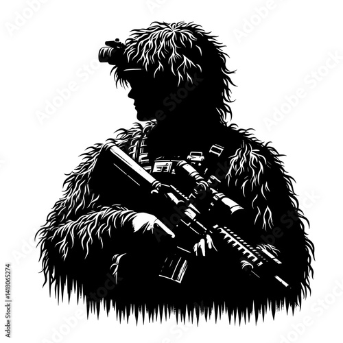 Sniper in camouflage gear holding a rifle in a dark environment  