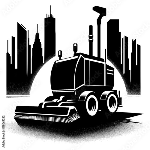 Urban cleaning vehicle silhouette against city skyline  