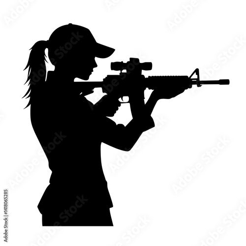 Woman aiming rifle silhouette against a plain background  