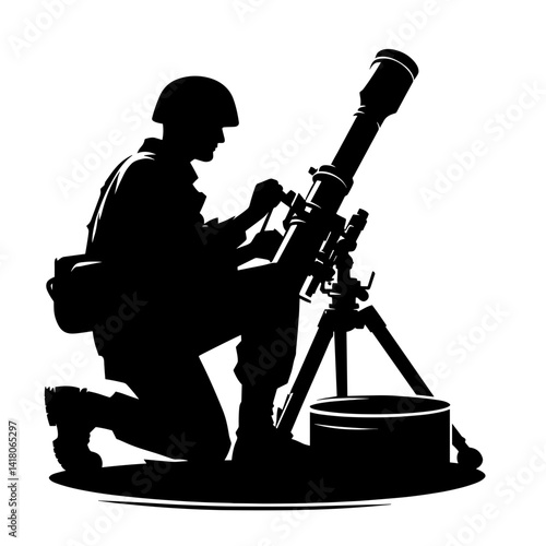 Soldier operating mortar in silhouette against a blank background  