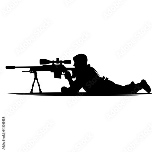 Sniper silhouette aiming shot with rifle against white background  