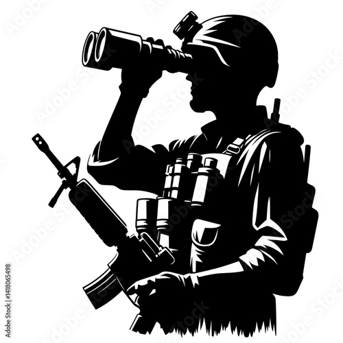 Soldier observing with binoculars against a plain background  