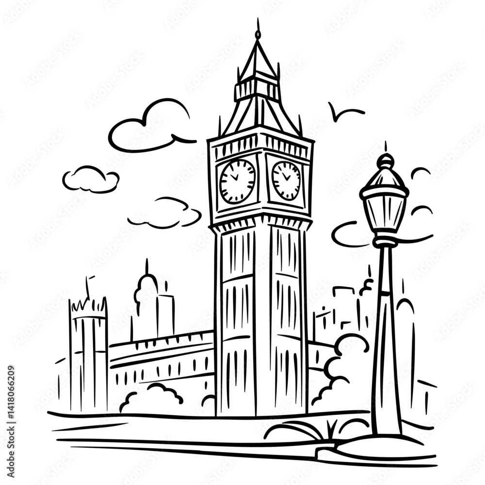 Fototapeta premium Big ben tower line art illustration. London architecture drawing. Travel concept and landmark outline sketch for design element.