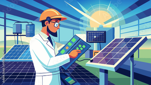 A man in a lab coat is working on a solar panel. Concept of innovation and progress, as the man is focused on improving the technology