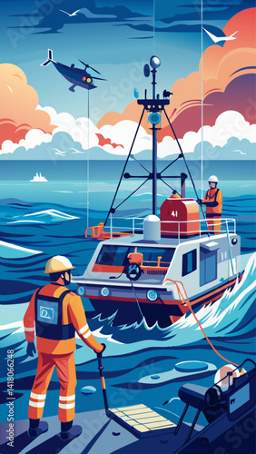 A group of men are working on a boat in the ocean. Scene is serious and focused, as the men are working hard to fix the boat. The idea of the image is that of teamwork