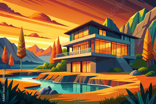 Home vector and healthy front yard during late spring season, modern house by the river at evening