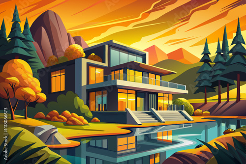 Home vector and healthy front yard during late spring season, modern house by the river at evening