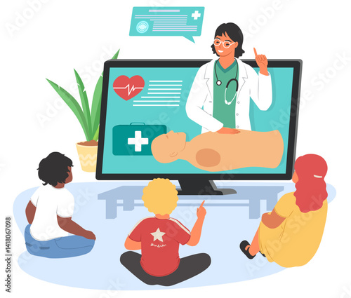 Children participate in an online first aid training session led by a knowledgeable instructor. They focus on essential skills while engaging with visual aids and animated content.