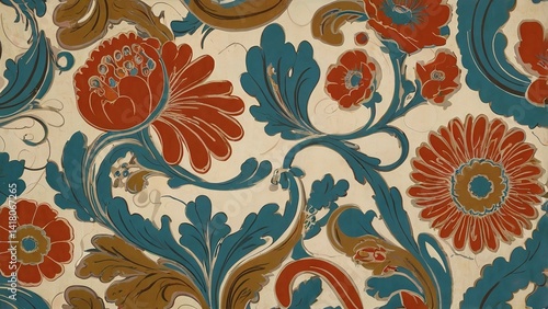 Seamless floral pattern design featuring a vector illustration of flowers, leaves, and nature-inspired ornaments