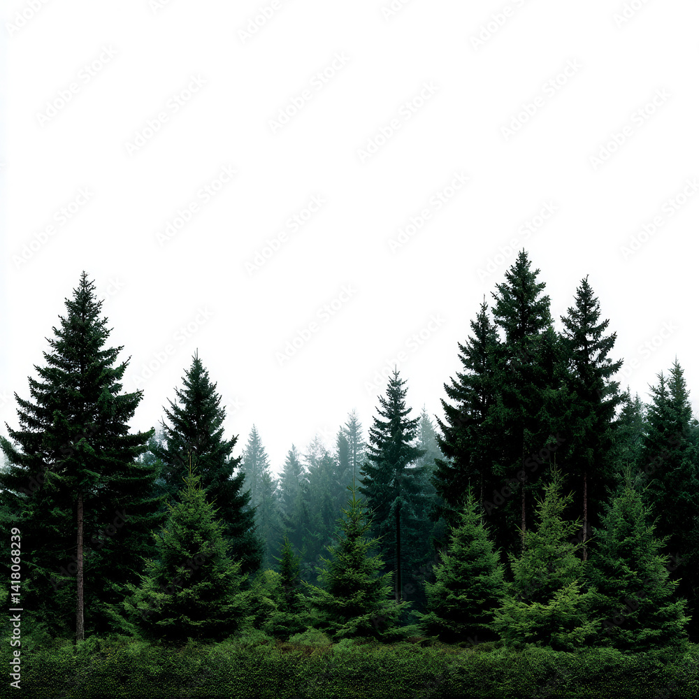 Evergreen forest view, nature scene on white background Evergreen forest view, nature scene on white background