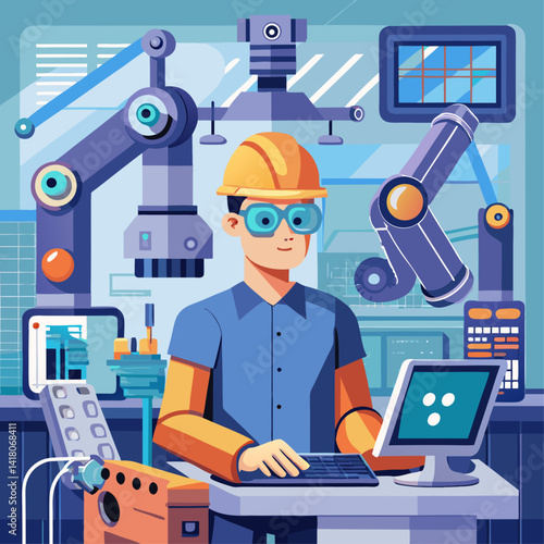 A man in a lab coat is working on a computer. He is wearing a hard hat and goggles