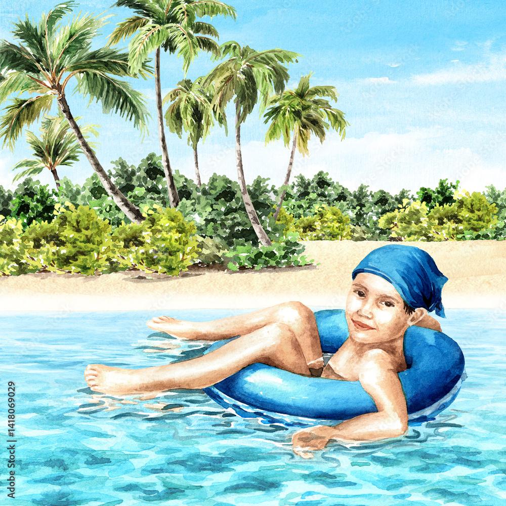 Fototapeta premium Happy boy on inflatable circle in the sea on the background of tropical beach. Sunny day on a tropical beach. Hand drawn watercolor illustration